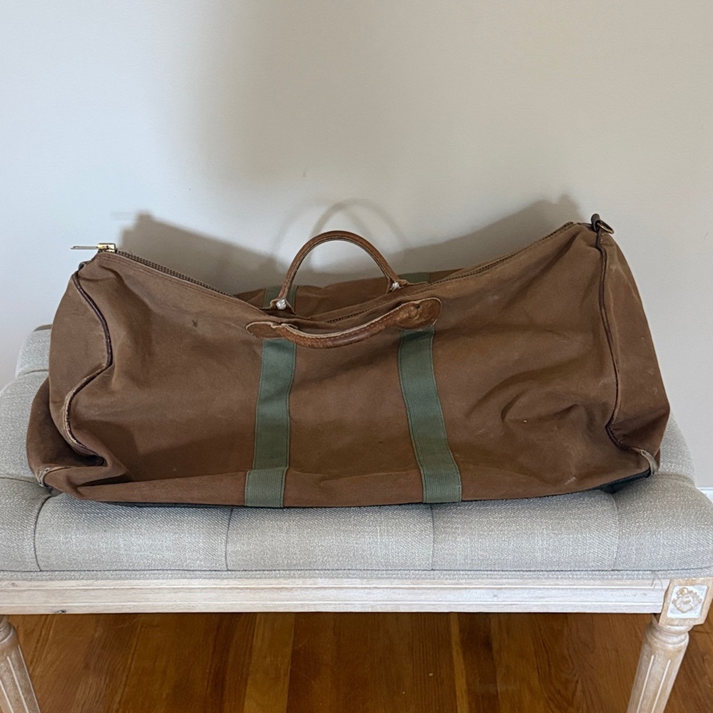 Vintage LL Bean Brown Canvas Weekender Duffel Bag with Green Straps